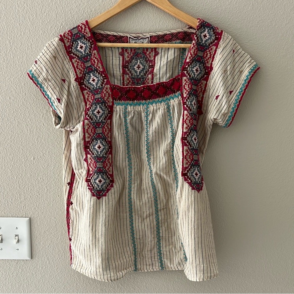 Johnny Was Cream and White Raglan Blouse Size M